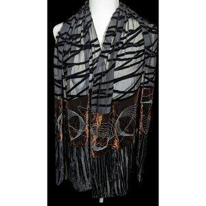 Vintage Abstract Velvet Burnout Scarf Black And Brown With Embroidered Details